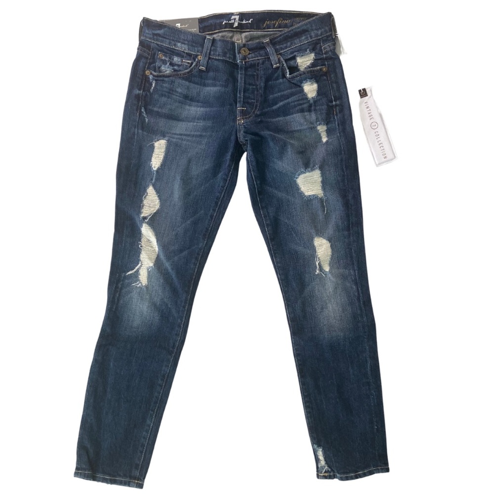7 For All Mankind Josefina Skinny Boyfriend Dark Distressed Jeans, size 23 NWT